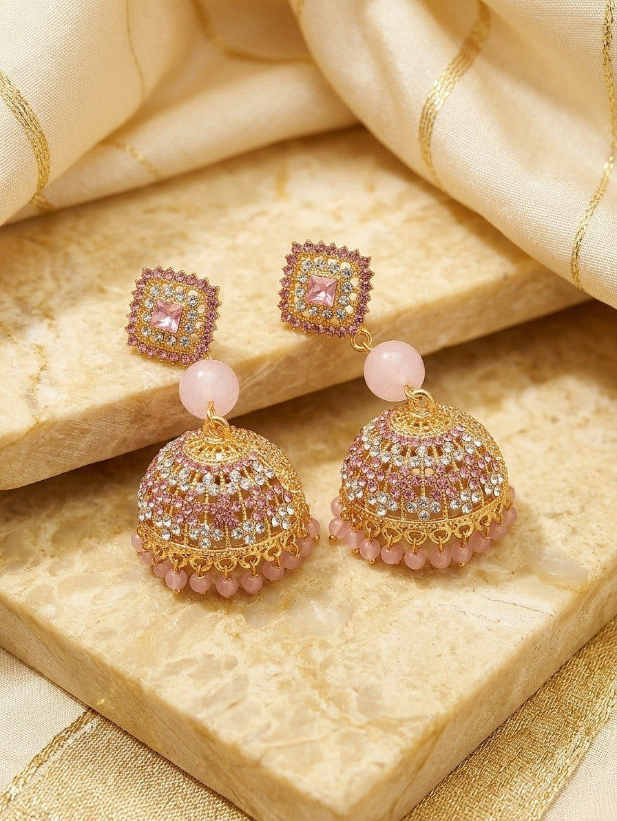 Traditional Rose Quartz Jhumka Earrings.