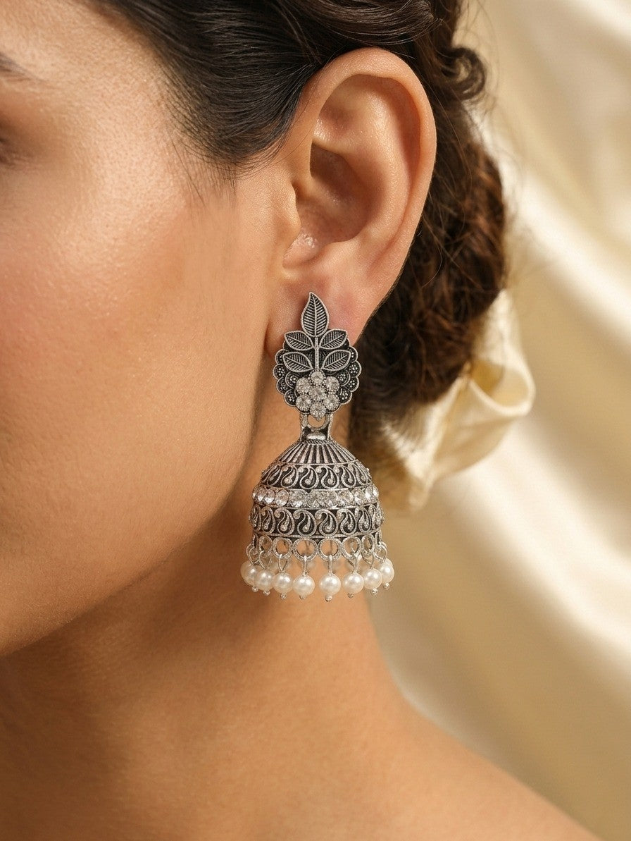 Silver Floral Jhumka Earrings with Pearl Droplets.