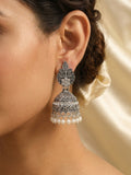 Silver Floral Jhumka Earrings with Pearl Droplets.