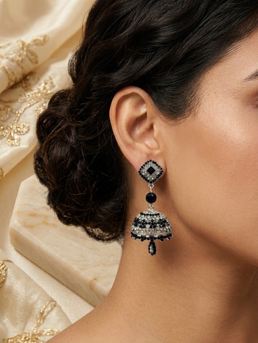 Black & Silver Crystal Jhumka Earrings.