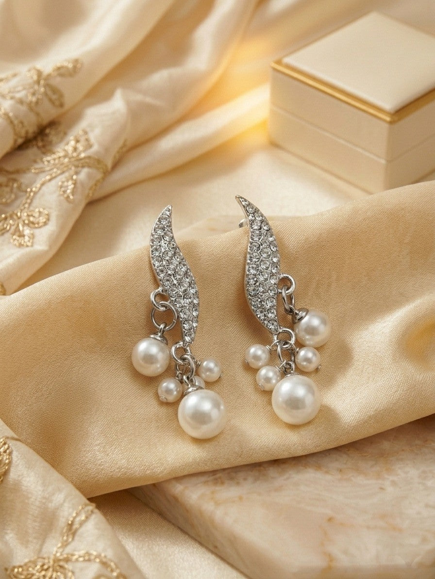 Silver Crystal Leaf & Pearl Cluster Drop Earrings.