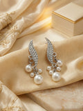 Silver Crystal Leaf & Pearl Cluster Drop Earrings.