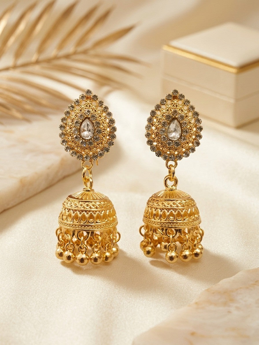 Gold-Plated Filigree Jhumka Earrings with Zircon Studs.