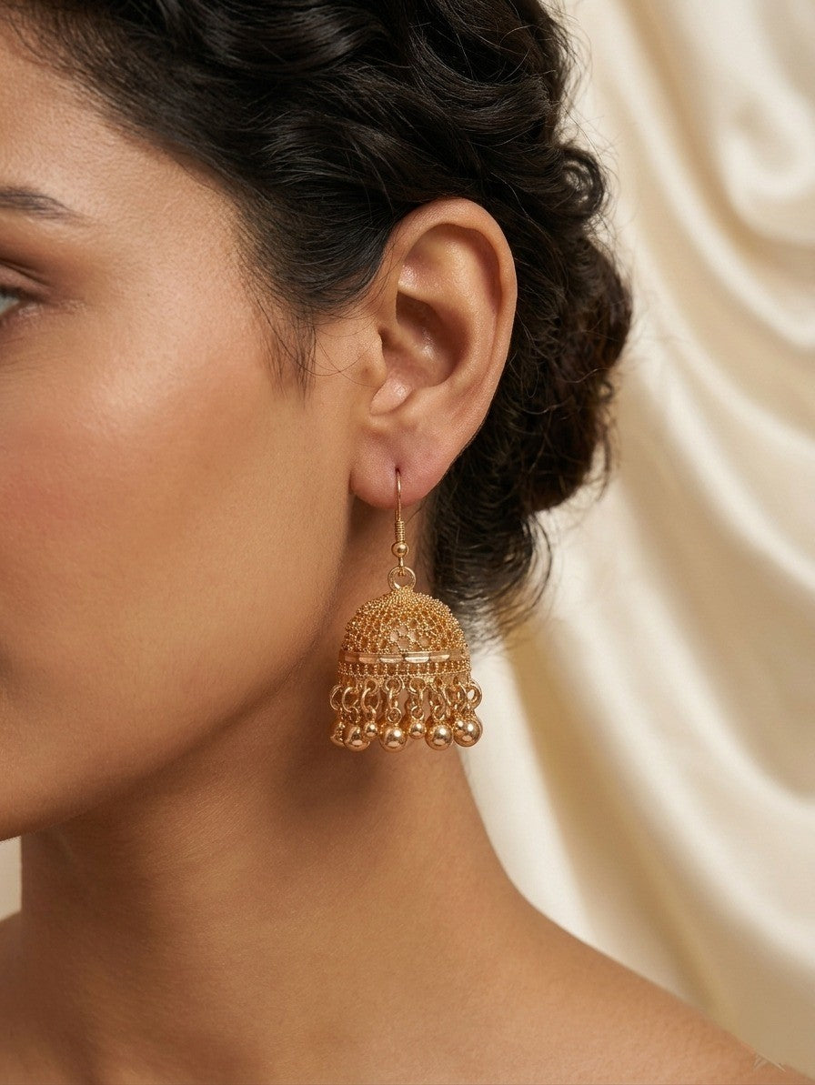Classic Gold-Tone Mesh Jhumka Earrings with Hook Wire.