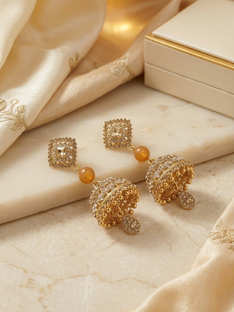 Gilded Amber Crystal Jhumka Earrings.