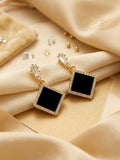 Modern Square Onyx & Crystal Drop Earrings.