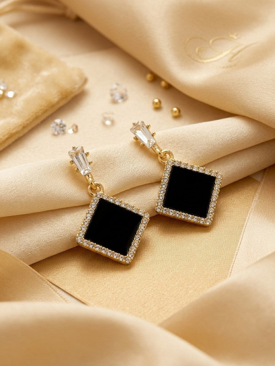 Modern Square Onyx & Crystal Drop Earrings.