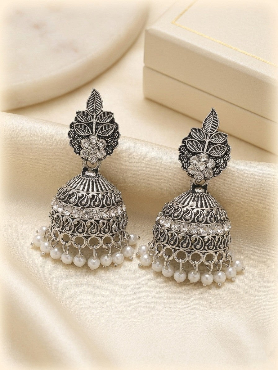 Silver Floral Jhumka Earrings with Pearl Droplets.