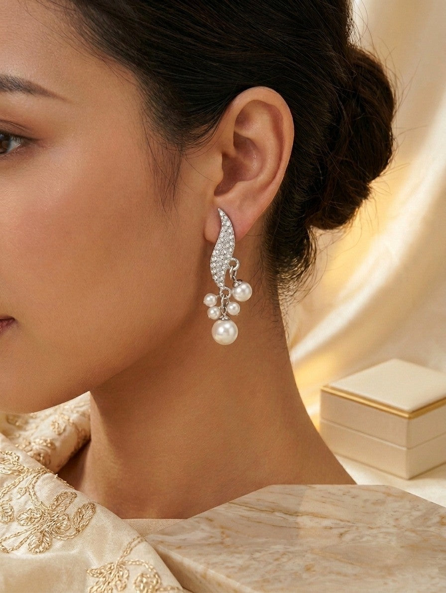 Silver Crystal Leaf & Pearl Cluster Drop Earrings.