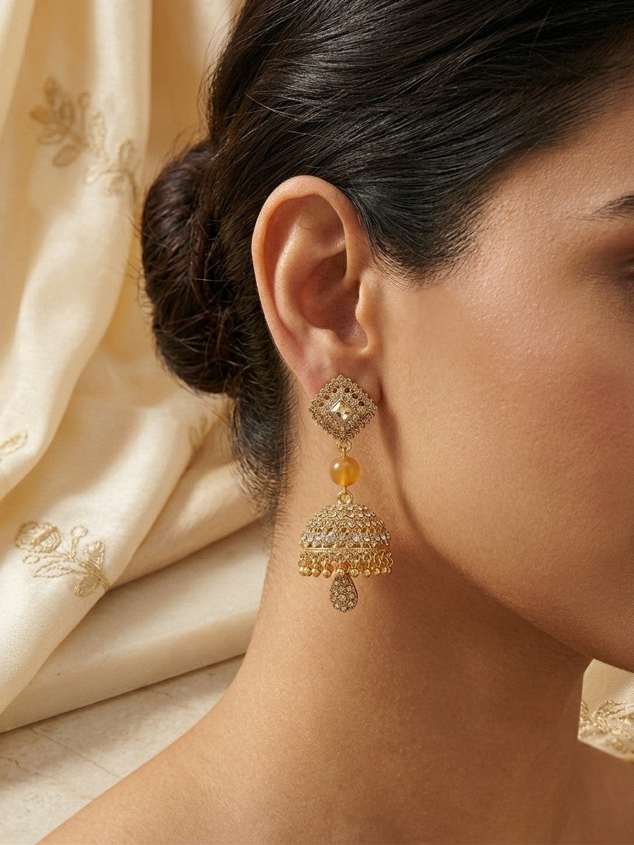 Gilded Amber Crystal Jhumka Earrings.