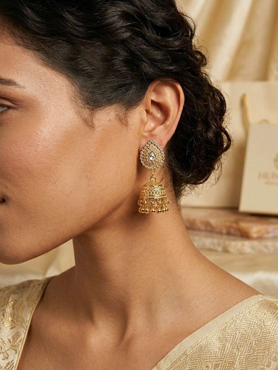 Gold-Plated Filigree Jhumka Earrings with Zircon Studs.