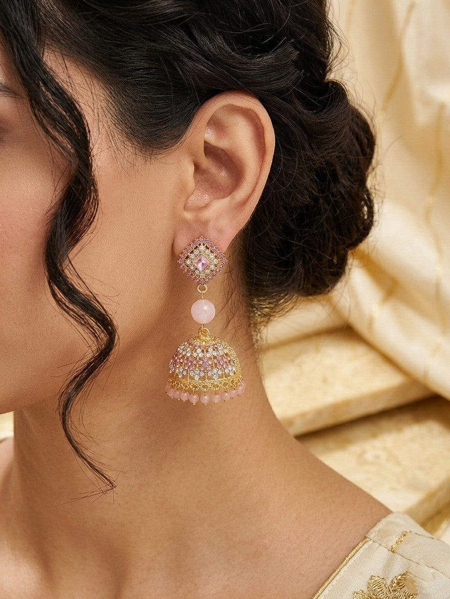 Traditional Rose Quartz Jhumka Earrings.