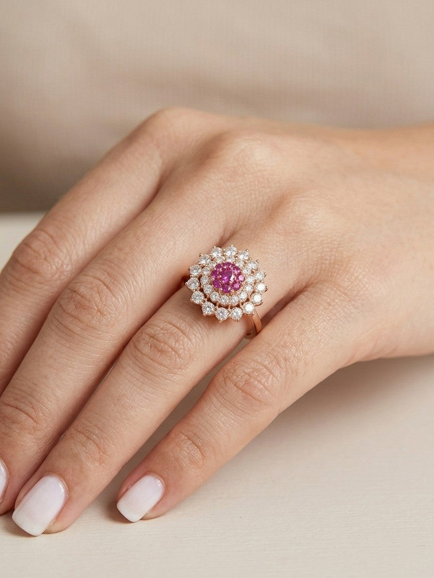 Pink Sapphire & Diamond-Style Floral Jewelry Set